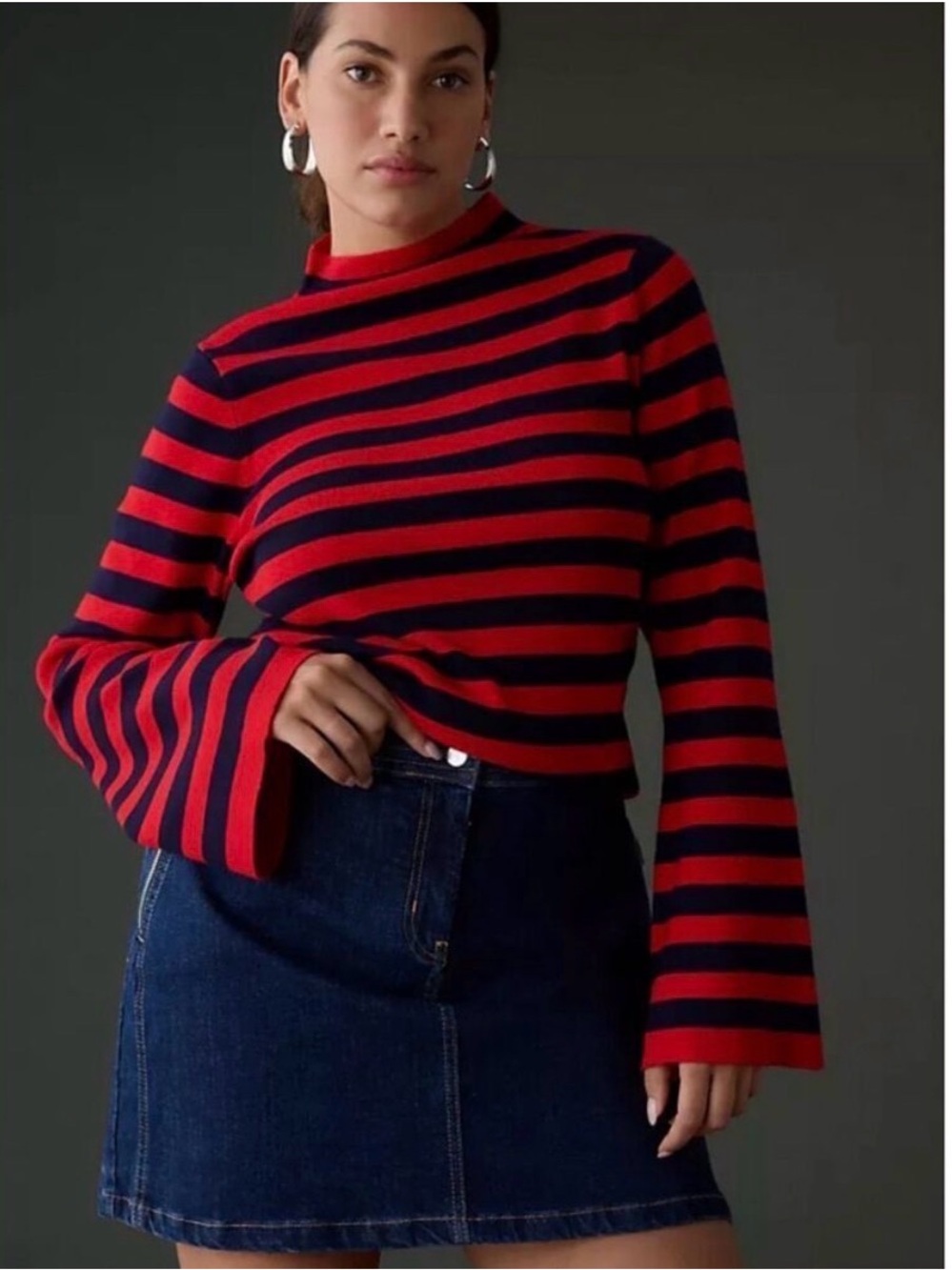 Anthropologie Maeve mock neck navy blue and red striped long sleeve sweater.